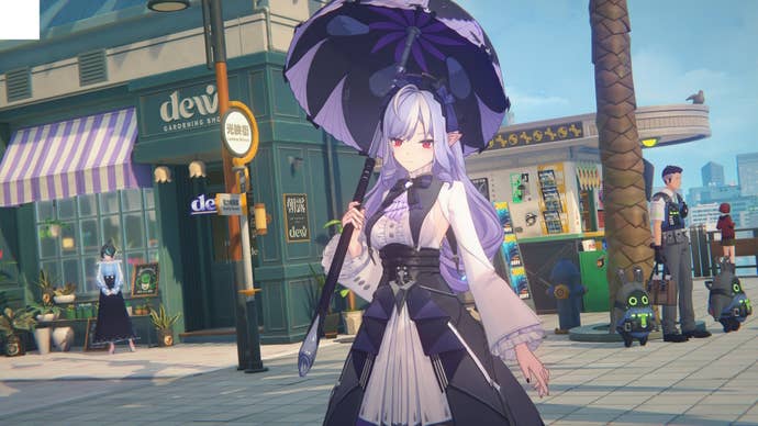 Vivian from ZZZ, standing at the street intersection near the gardening shop