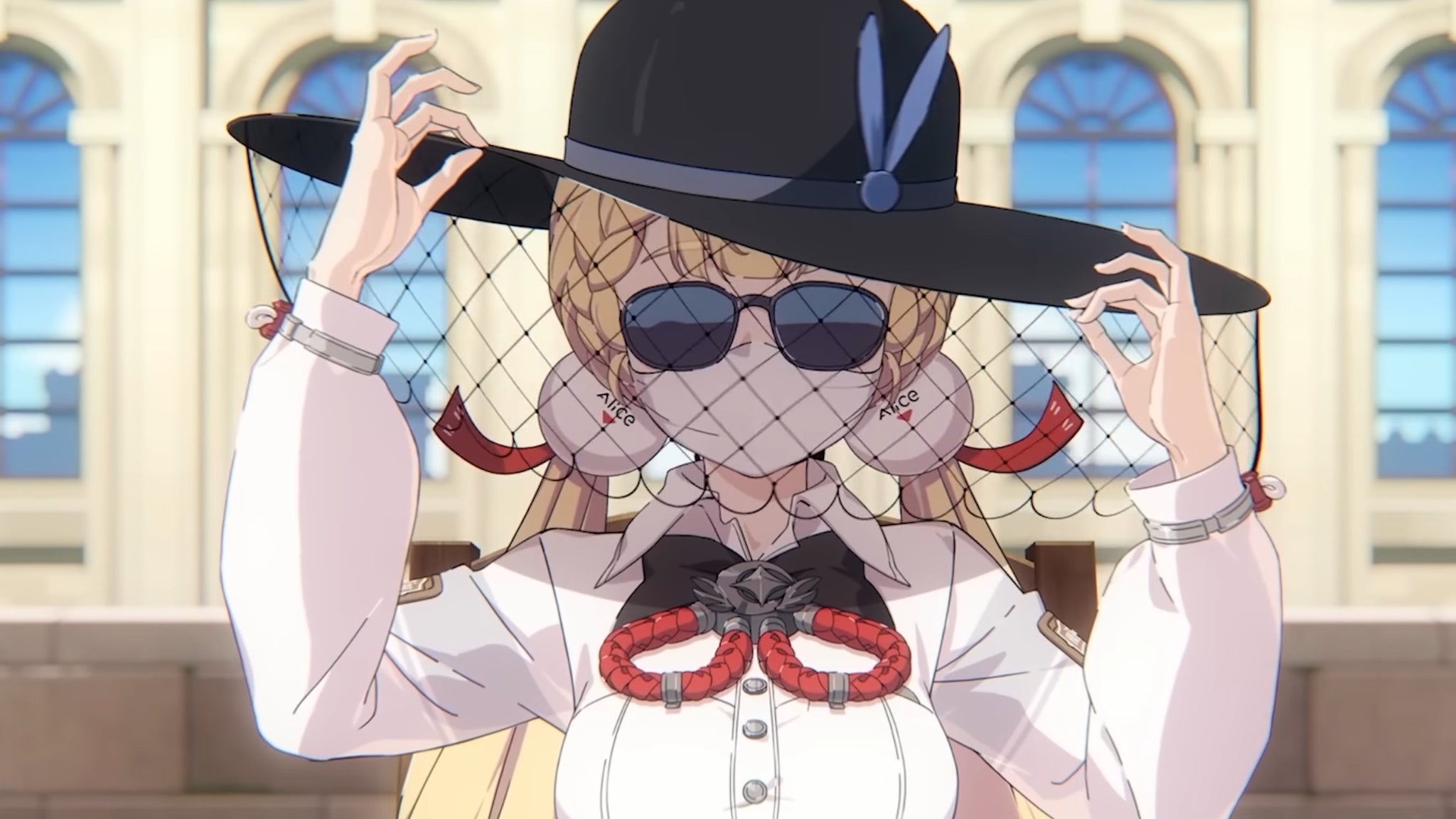 Alice wearing a veil, sunglasses, and a large black hat in ZZZ - 5