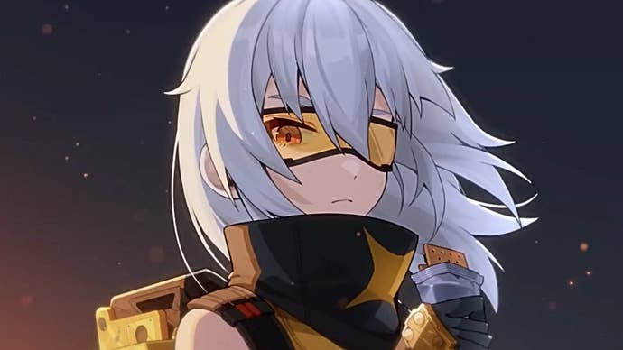 Soldier 11 from the ZZZ bound on a dark background from a spark floating from the ground