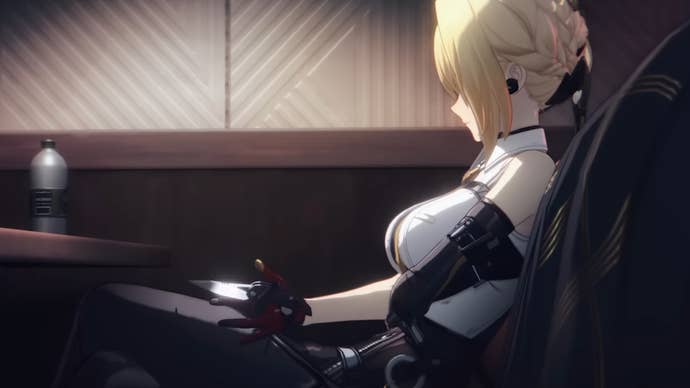 Evelyn from Zenless Zone Zero, sitting at a restaurant booth and twirling a large knife