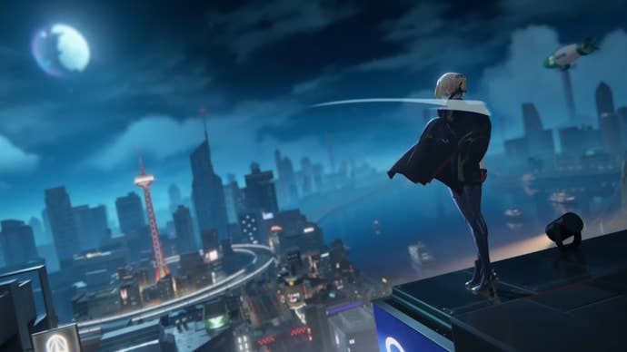 Evelyn from Zenless Zone Zero, looking over New Eridu’s skyline from on high, Batman-style