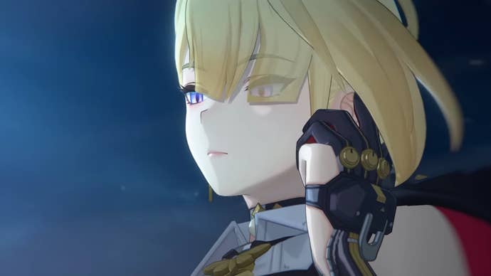 Evelyn from Zenless Zone Zero, holding her left index finger to an earpiece to activate it