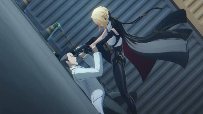 Evelyn from Zenless Zone Zero, leaning over a man and pressing a gun to his forehead