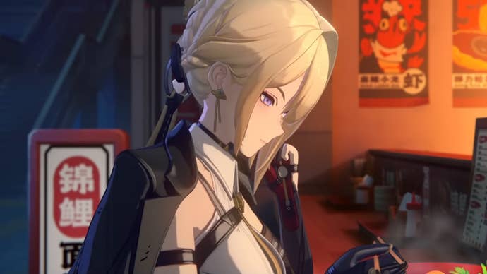 Evelyn from Zenless Zone Zero, seated on a stool at Sixth Street’s ramen shop