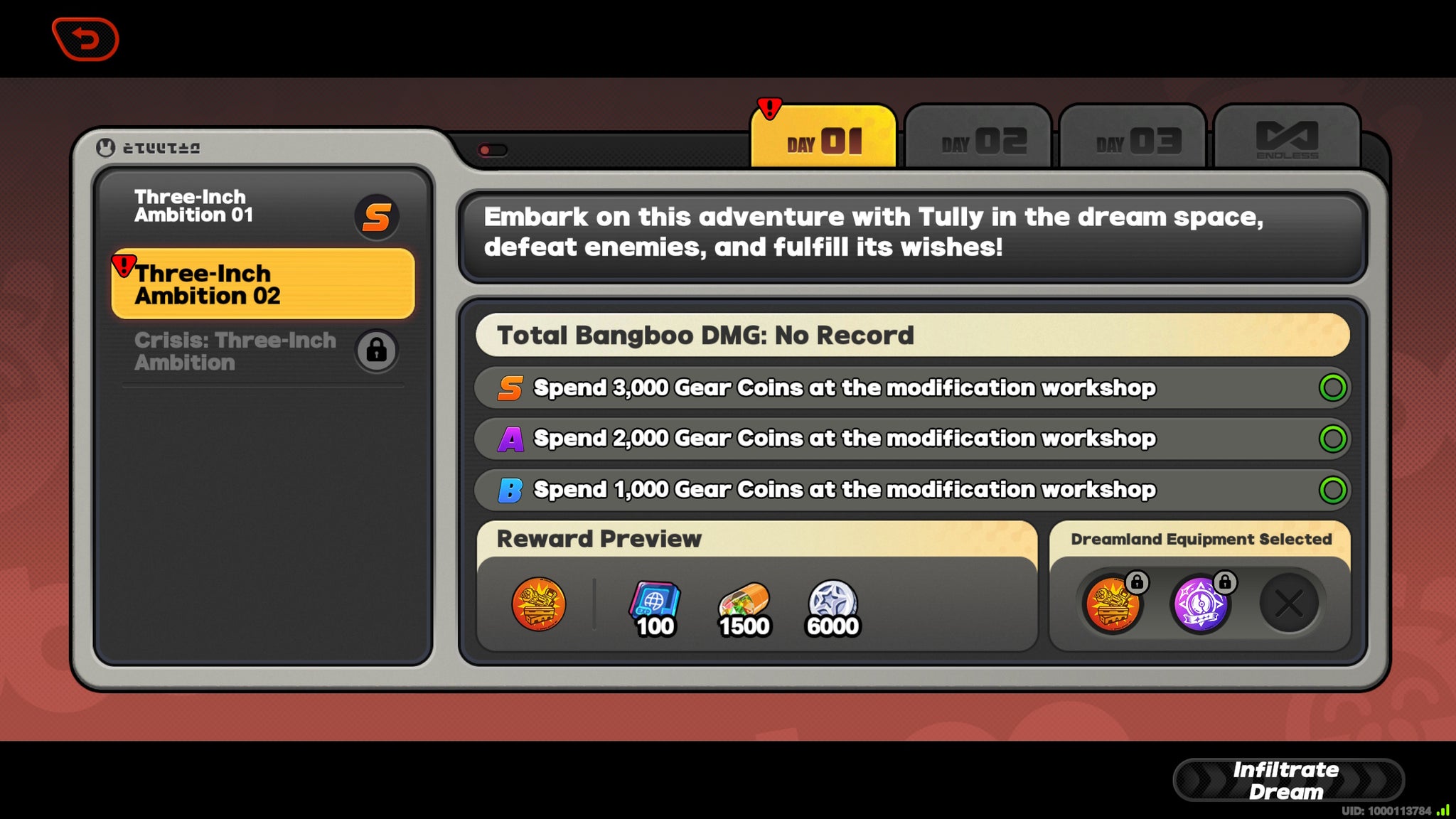 A menu image from ZZZ's March On, Tiny Tyrant event, showing the day one challenges - 3