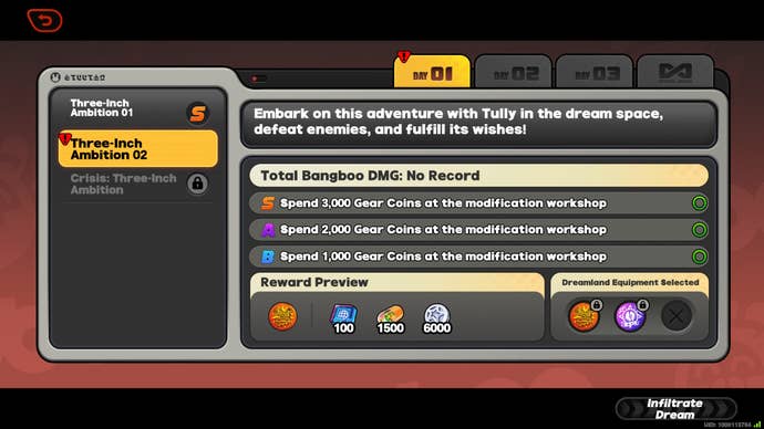 A menu image from ZZZ’s March On, Tiny Tyrant event, showing the day one challenges