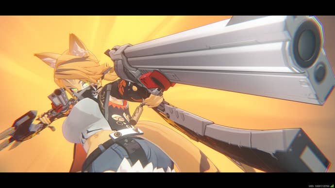 Pulchra in ZZZ pointing a pistol at the camera