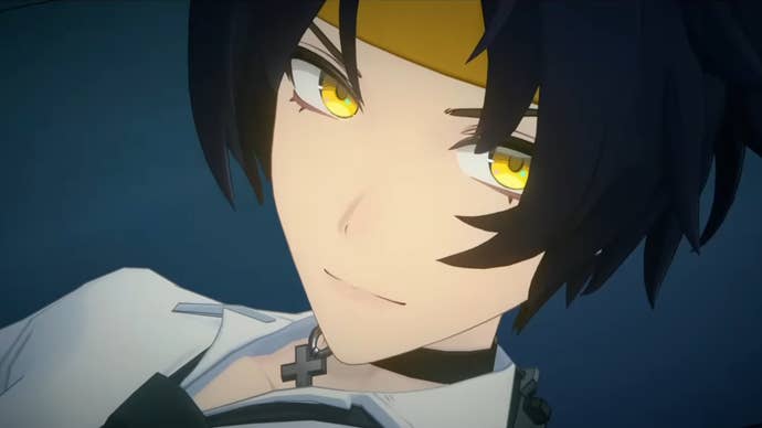 ZZZ’s Harumasa, an anime man with straight black hair down to the middle of his face, held back with a yellow headband