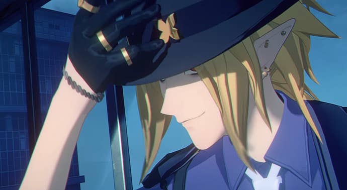 Hugo from ZZZ with one hand on his hat brim
