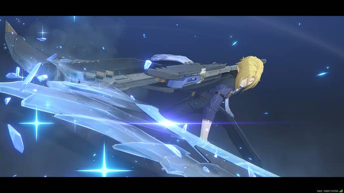 Hugo from ZZZ performing his ultimate skill by slinging an arc of ice in front of him