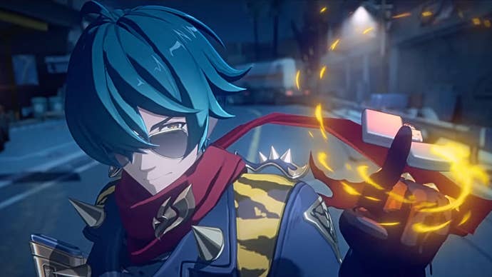 Lighter from ZZZ, a tall anime man with messy green hair, wearing a leather jacket and red scarf. He’s twirling an ignited lighter in his left hand