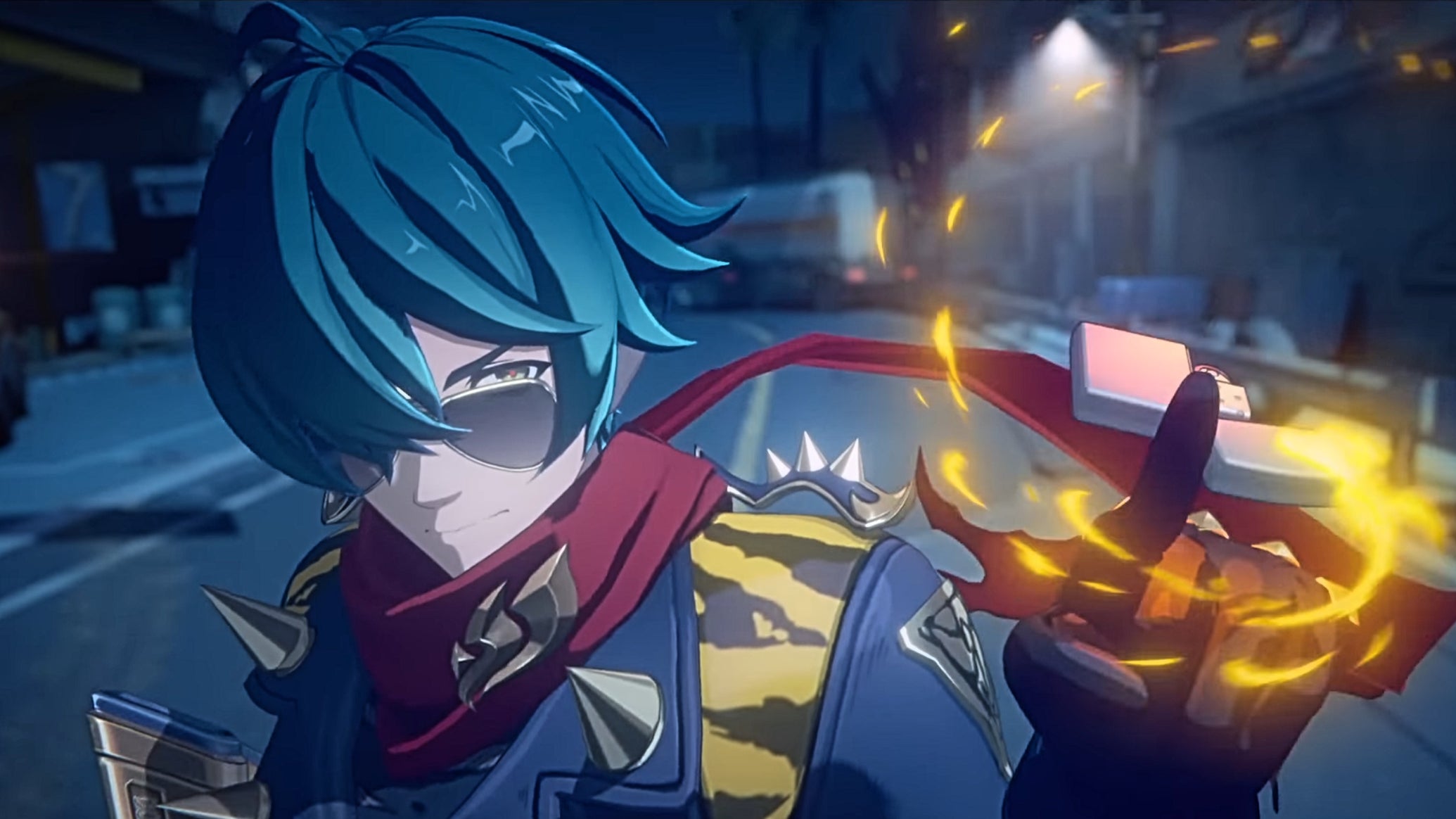 Lighter from ZZZ, a tall anime man with messy green hair, wearing a leather jacket and red scarf. He's twirling an ignited lighter in his left hand - 1