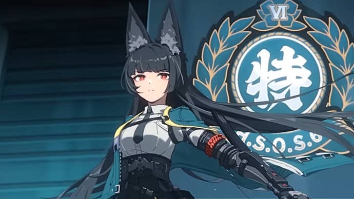 Hoshimi Miyabi from Zenless Zone Zero, standing in front of a division banner while her cloak flies in the wind