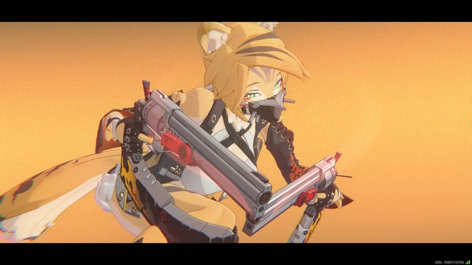 Pulchra from ZZZ using her ultimate, pointing two large pistols inward while she gives a threatening look to the camera