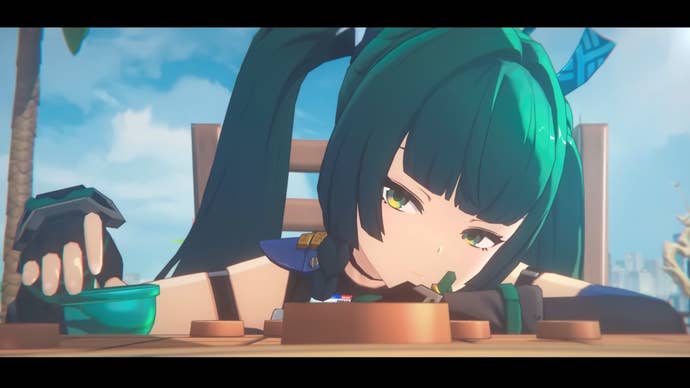 ZZZ’s Qingyi sitting at a table wearing a bored expression