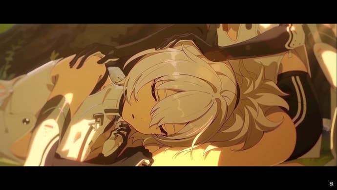 Soldier 0 Anby in ZZZ resting her head on another Soldier 0 Anby