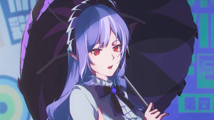 Vivian from ZZZ holding an open parasol behind her head