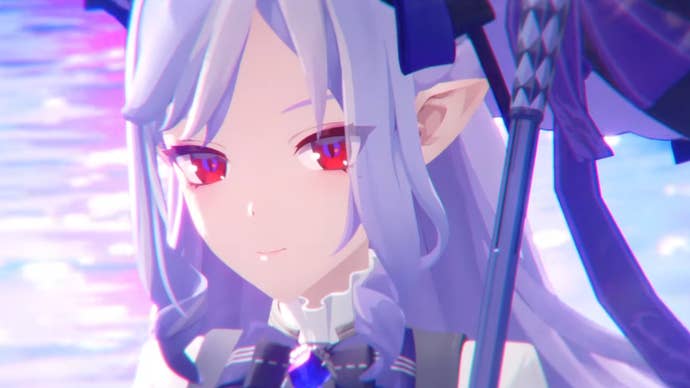 A closeup of Vivian from ZZZ as she stands near a lake