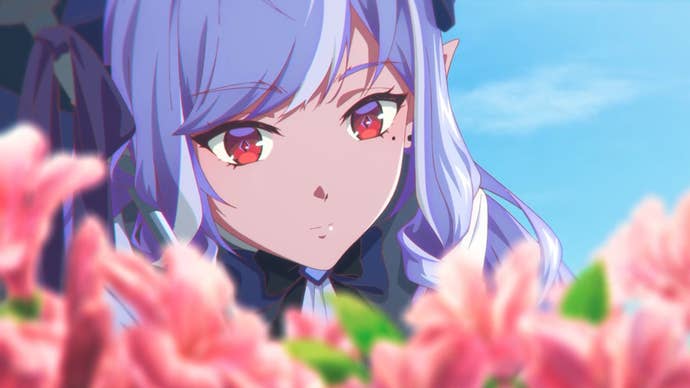 Vivian from ZZZ examining a bouquet of flowers for sale