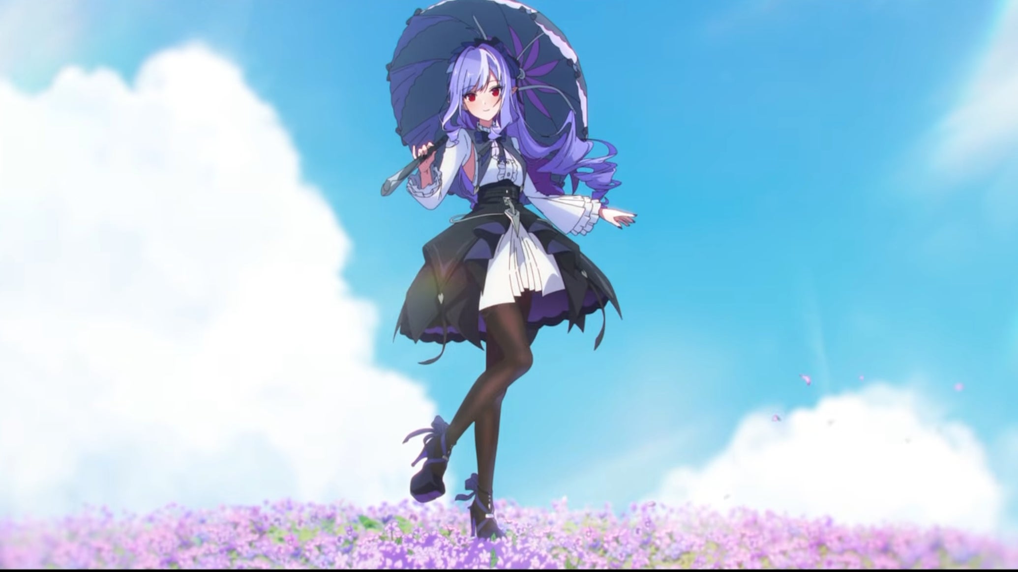 Vivian from ZZZ standing in a field of soft purple flowers with her heel popped and her parasol open - 1