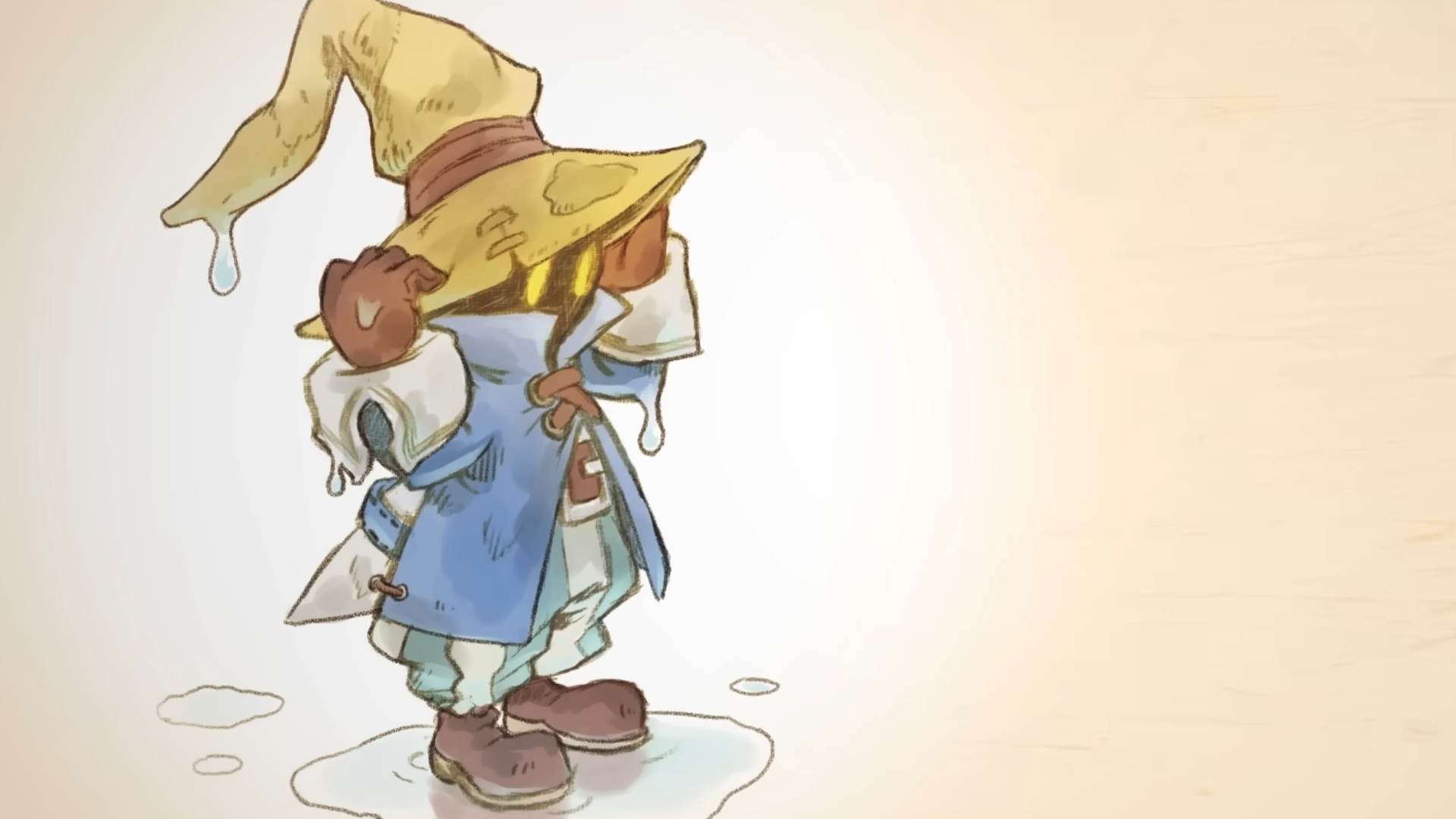 Hand painted artwork of Vivi from Final Fantasy 9, a little black mage with oversized yellow hat and blue jacket