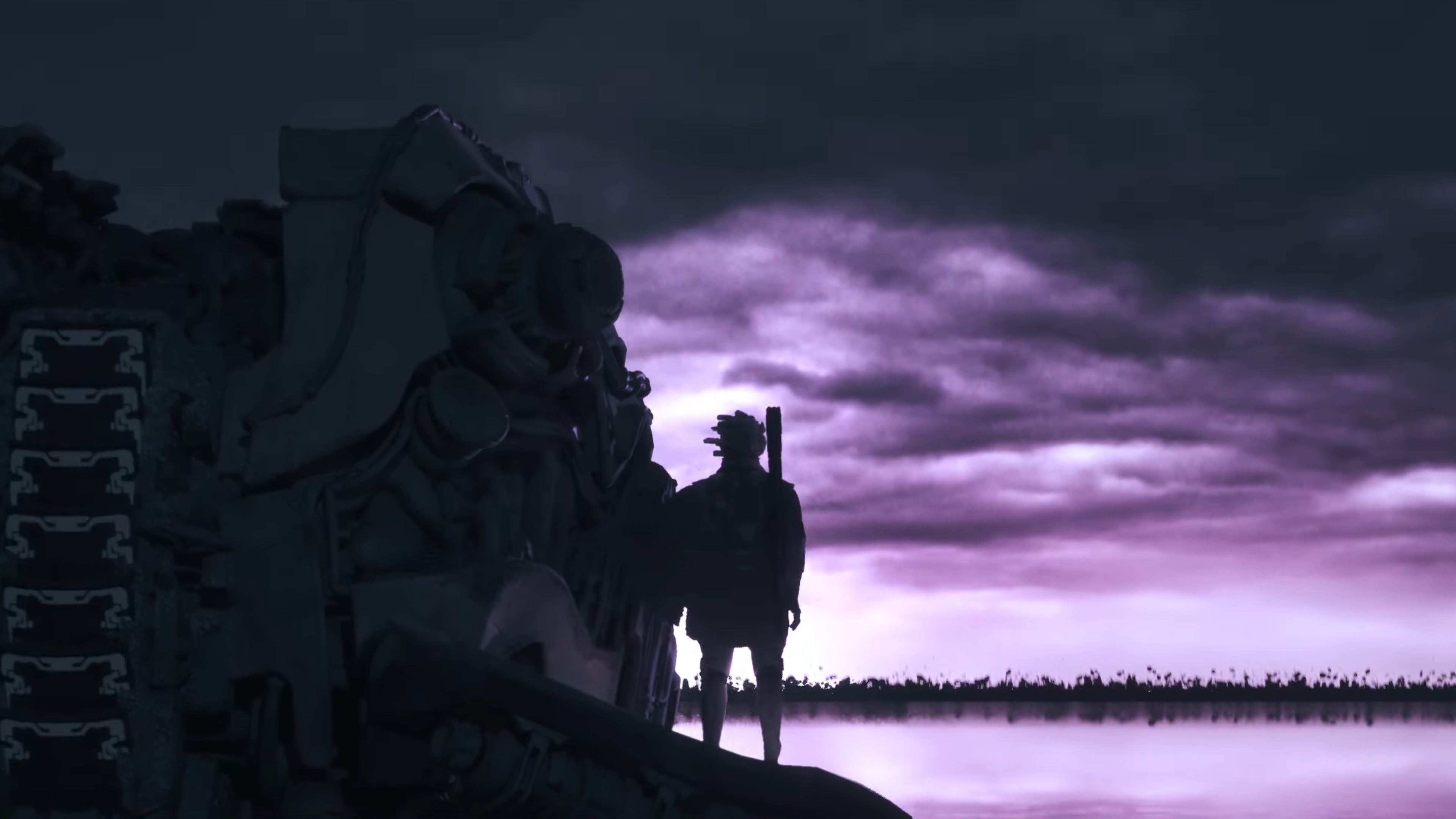 Screenshot from The Game Awards showing Fumito Ueda's next game, a caped hero in silhouette atop a spaceship